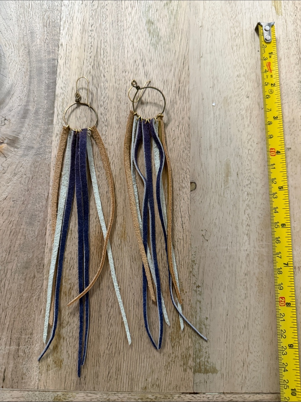 Boho Tassel Fringe Hoop Earrings - Blue, Tan & Silver